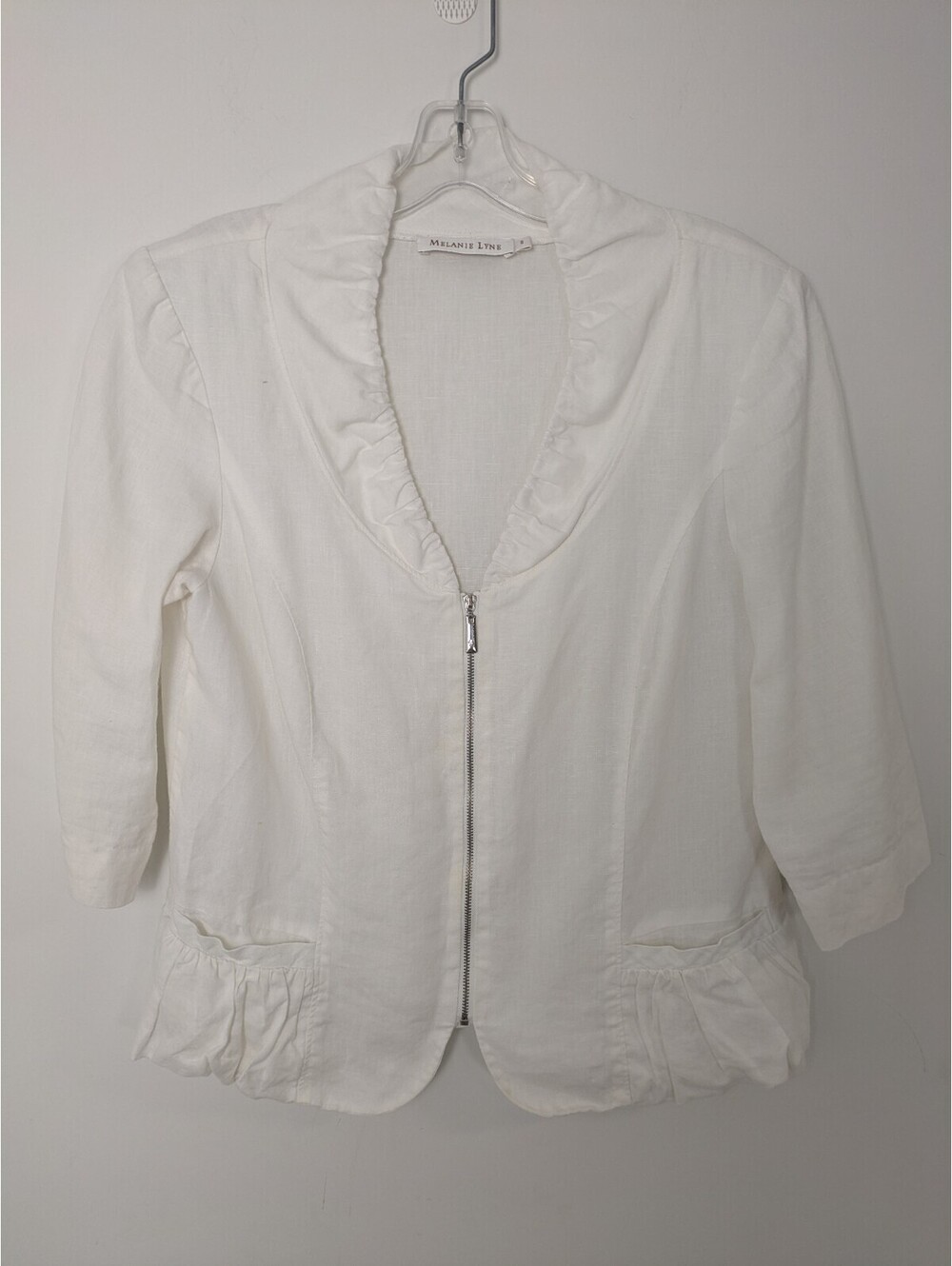 Melanie Lyne White 100% Linen Ruffle Collar Zip Up Blazer Size 8 Lightweight